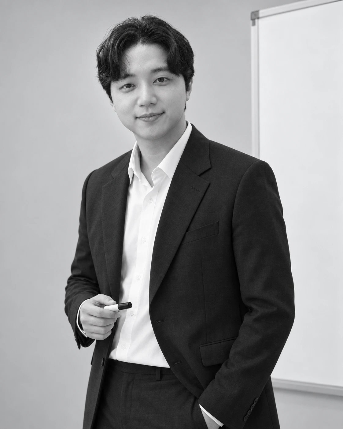 빈 칠판 옆에서 보드마카를 들고 있는 정태환 원장 흑백 프로필